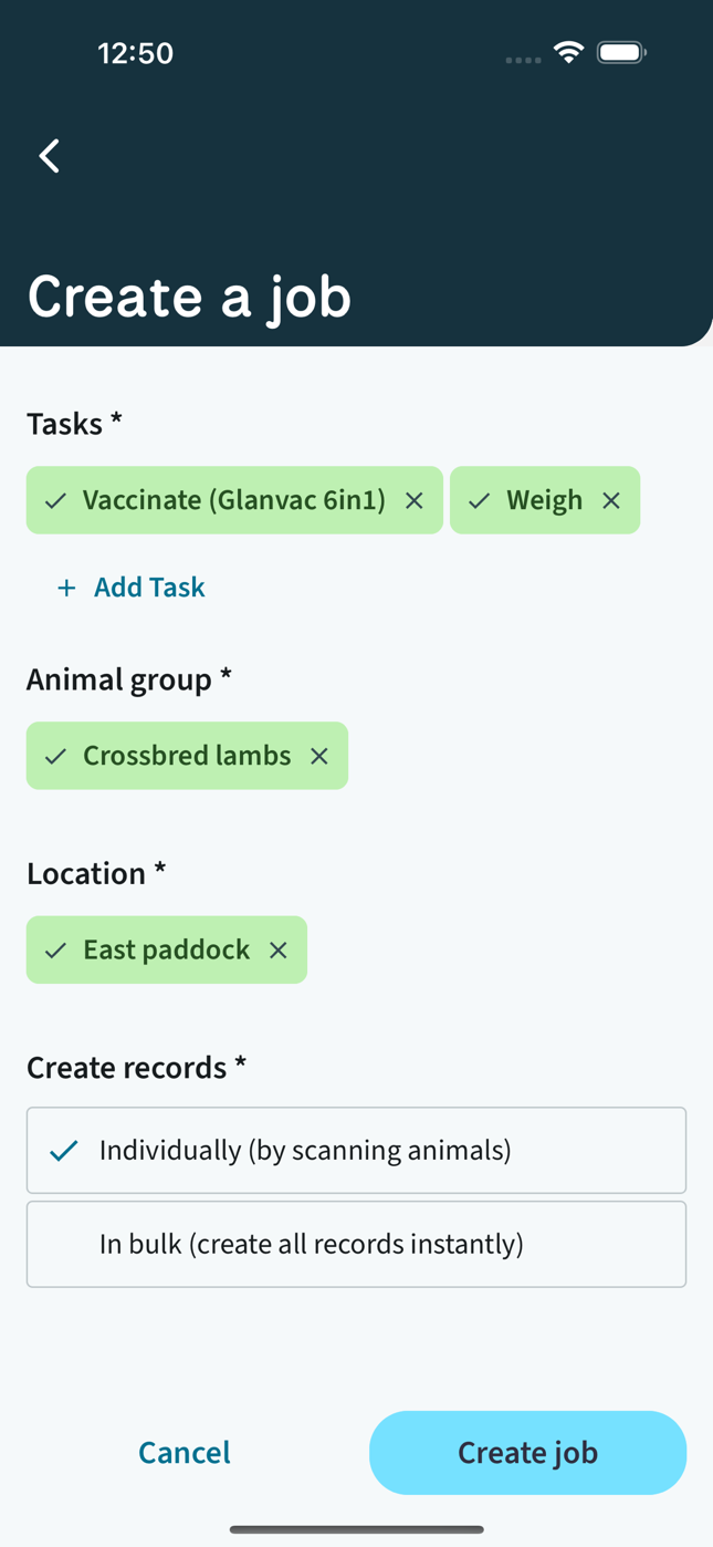 Create a job screen with vaccination and weighing tasks, animal group, and location selected