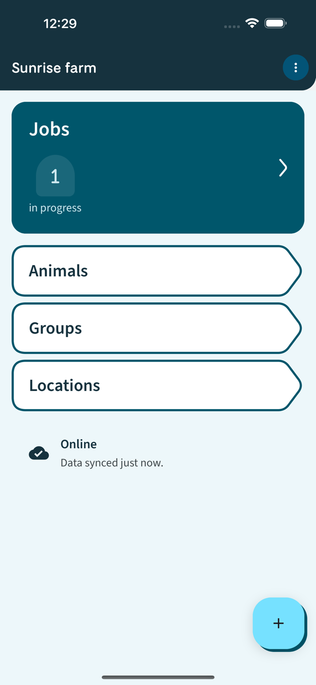 Cloven App dashboard showing jobs in progress, animals, groups, and locations