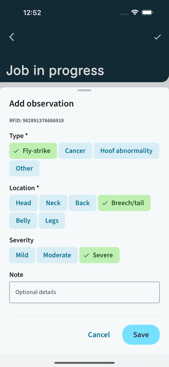 Add observation screen with fly-strike type, body location, and severity selected